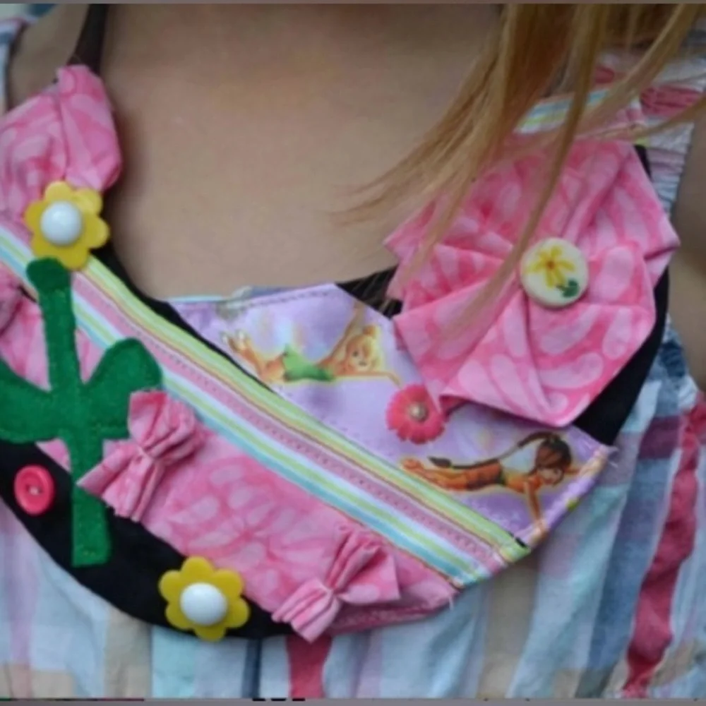 Tinkerbell fairies handmade floral flower pink fabric bib statement necklace - Picture 3 of 5